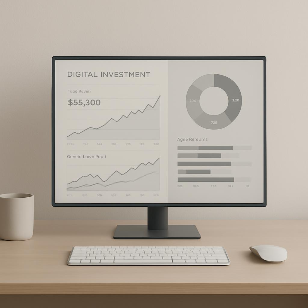 A computer monitor displaying digital investment data, with keyboard and mouse, in front of a beige background.
