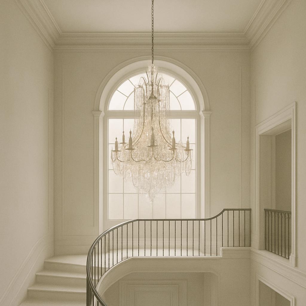 A grand, all-white, high-ceiling foyer with a winding staircase, a large arched window featuring a chandelier, and a small...